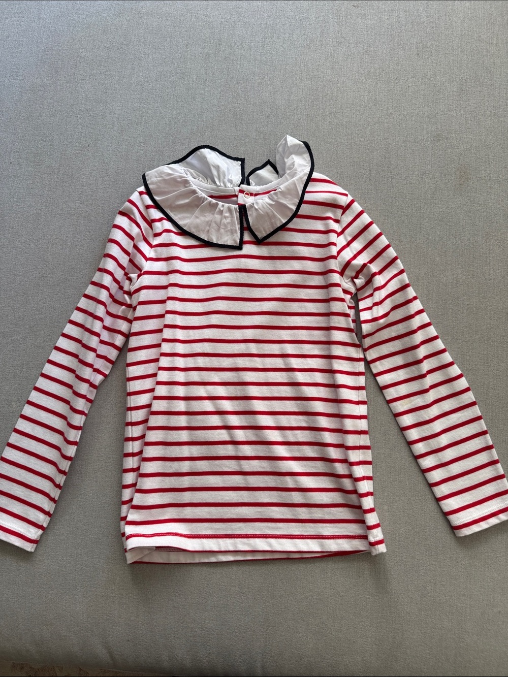 Jacadi White & Red Striped Long-Sleeve Top with Ruffle Collar. Size 8